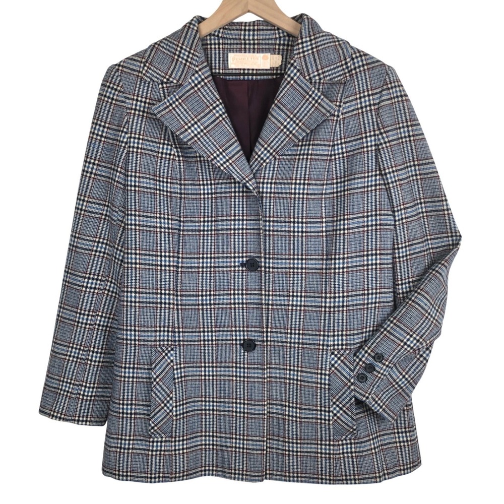 VTG Pendleton 100% Virgin Wool Blazer‎ Jacket Women's Sz 16 Blue Plaid USA Made